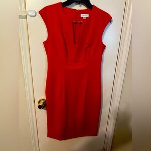 Calvin Klein Red Plunge Neck Sheath Midi Dress